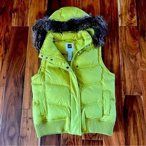 Gap Chartreuse Heavy Puffer Vest with Removable faux fur lined hood